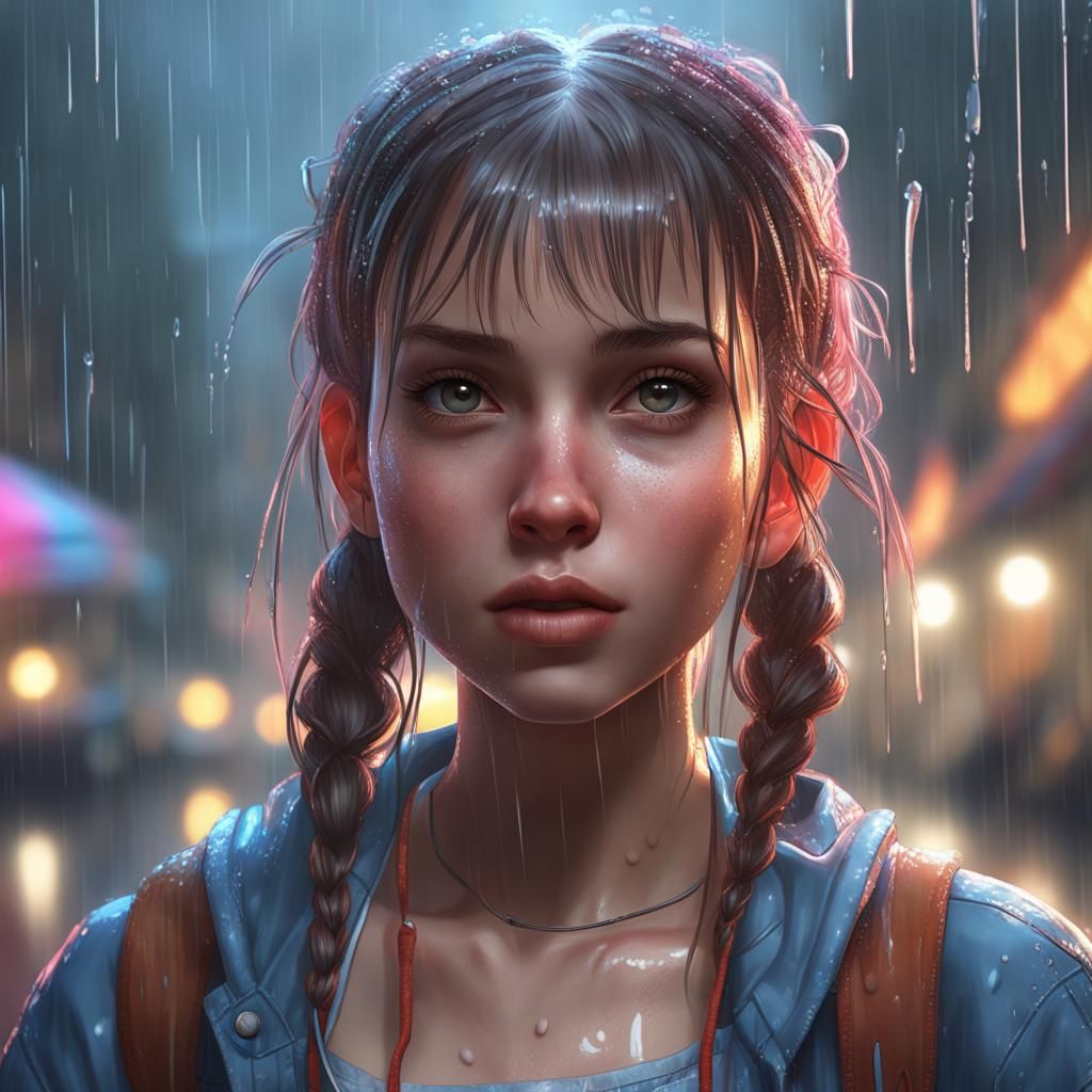Cute Girl Posing in Rain: Detailed Portrait