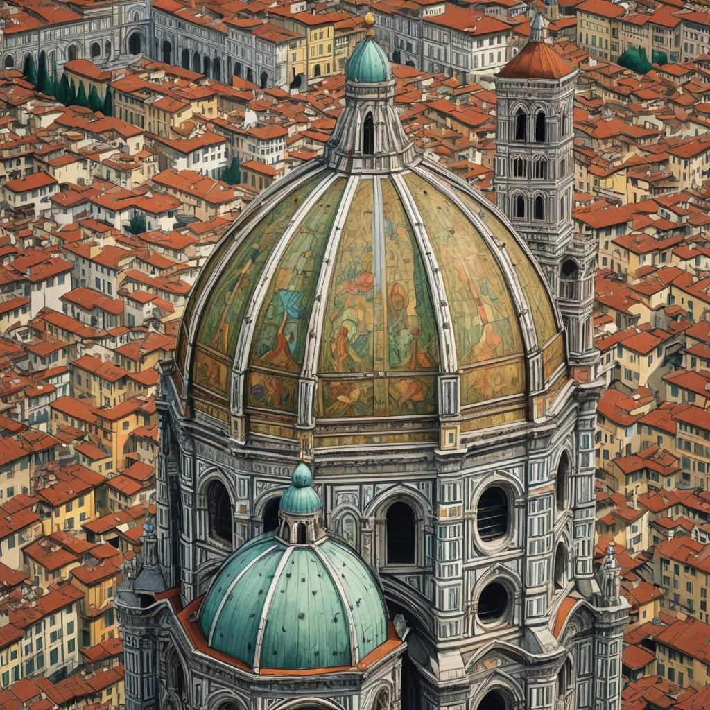 Assassin on Florence Cathedral in Colourful Pen Drawing