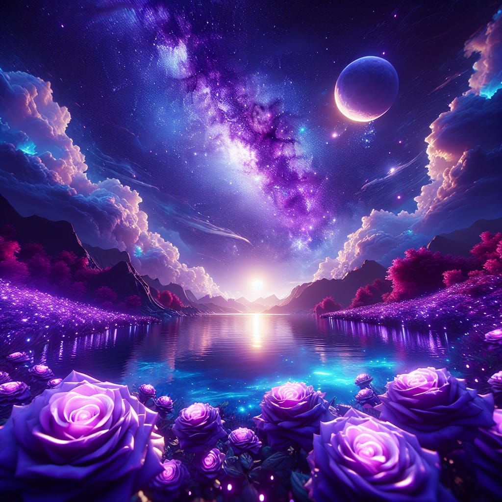 Luminescent Lake Surrounded by Roses in Fantasy Galaxy