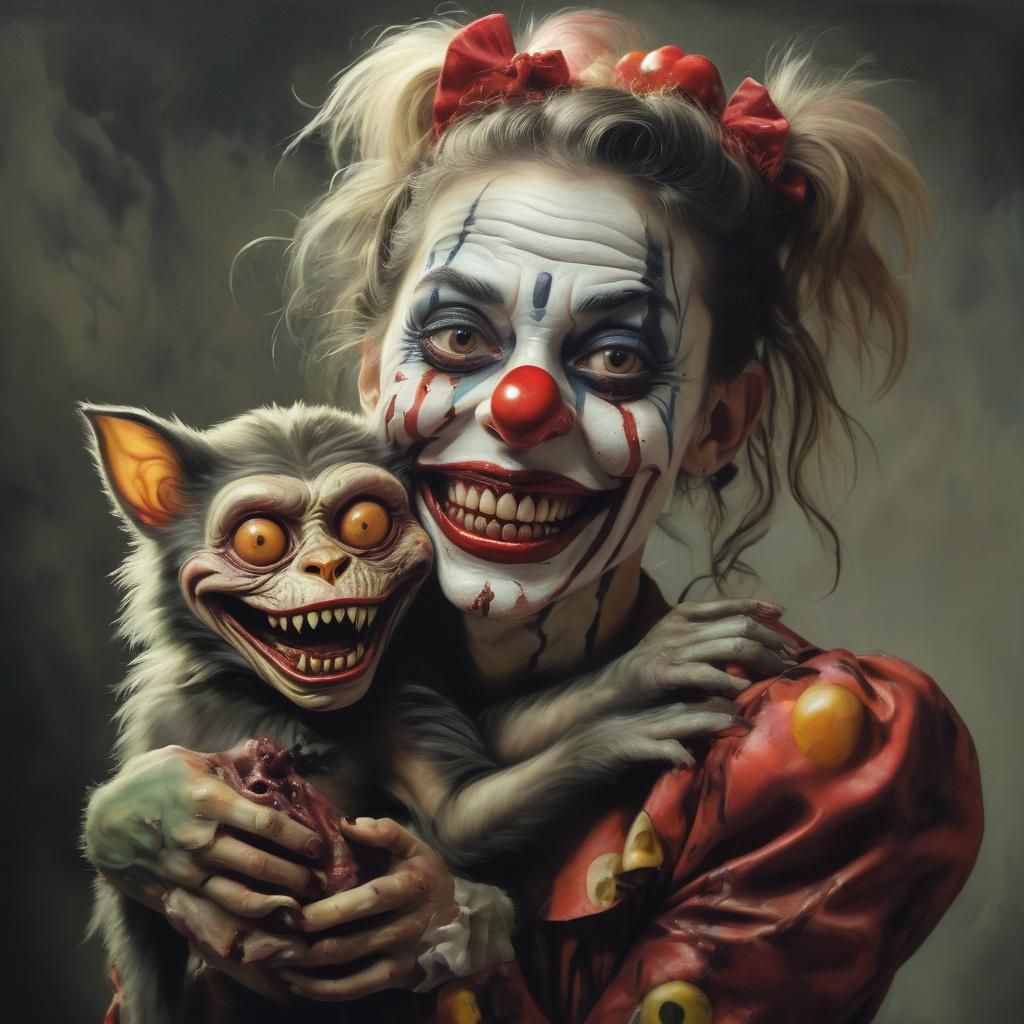 Surreal Zombie Clown Girl with Cat