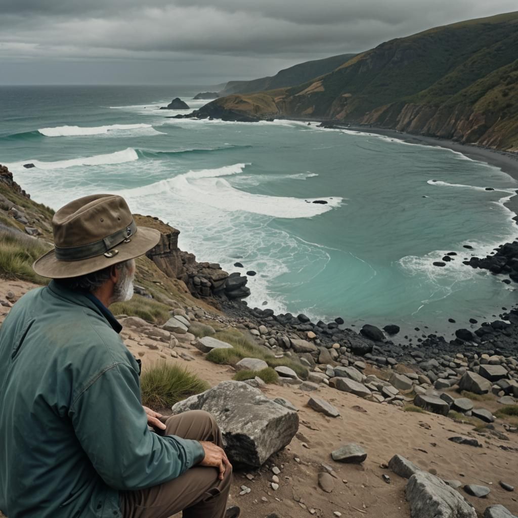 Geologist Contemplates the Sea: Cinematic Film Still