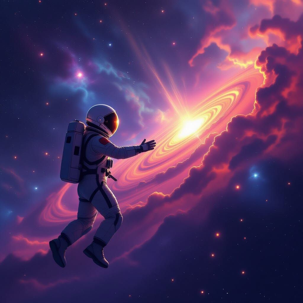 Astronaut Reaches for Glowing Planet in Cosmic Nebula