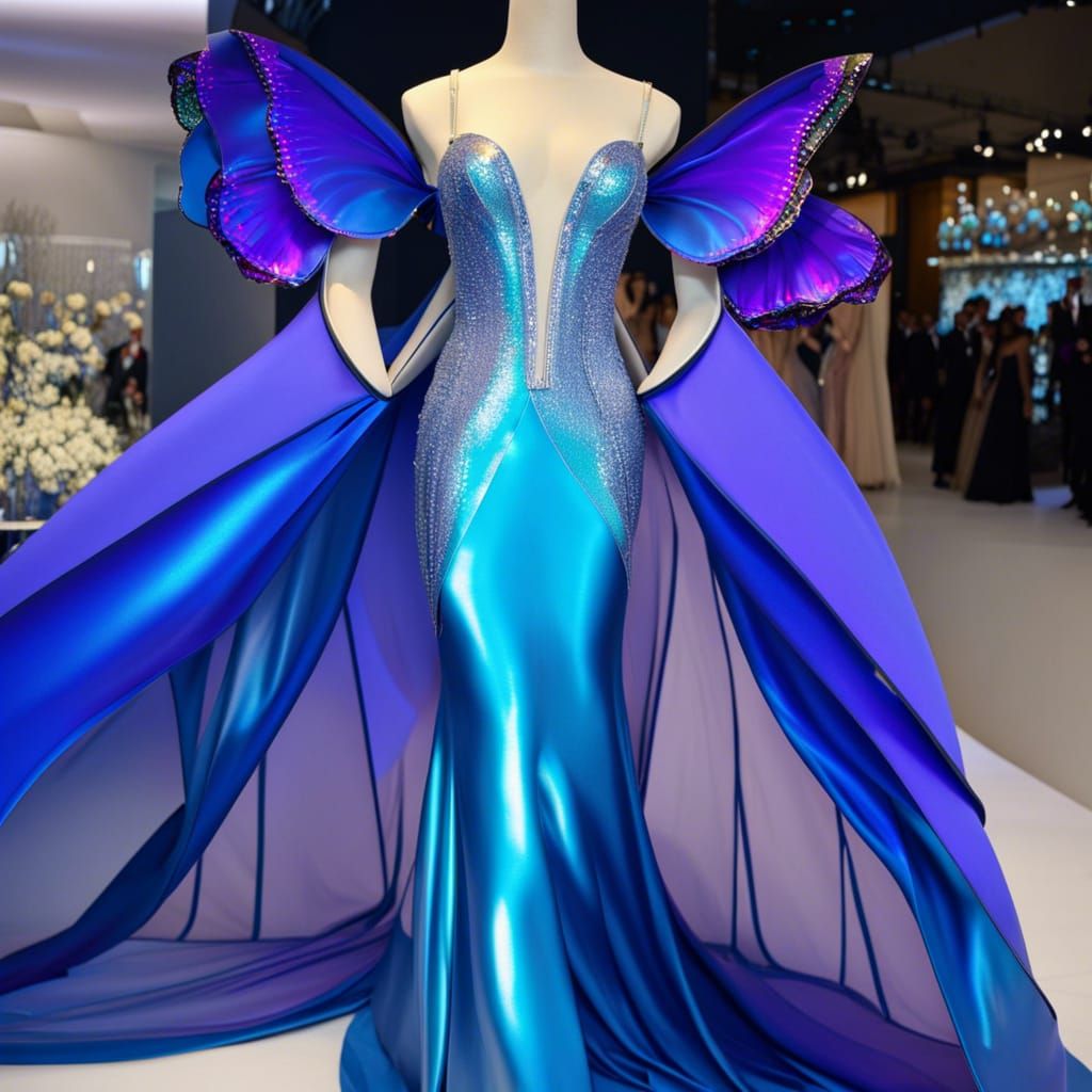 Ethereal cobalt blue holographic metamorphosis met gala dress with purple holographic accents& sliver accents& ethereal ...