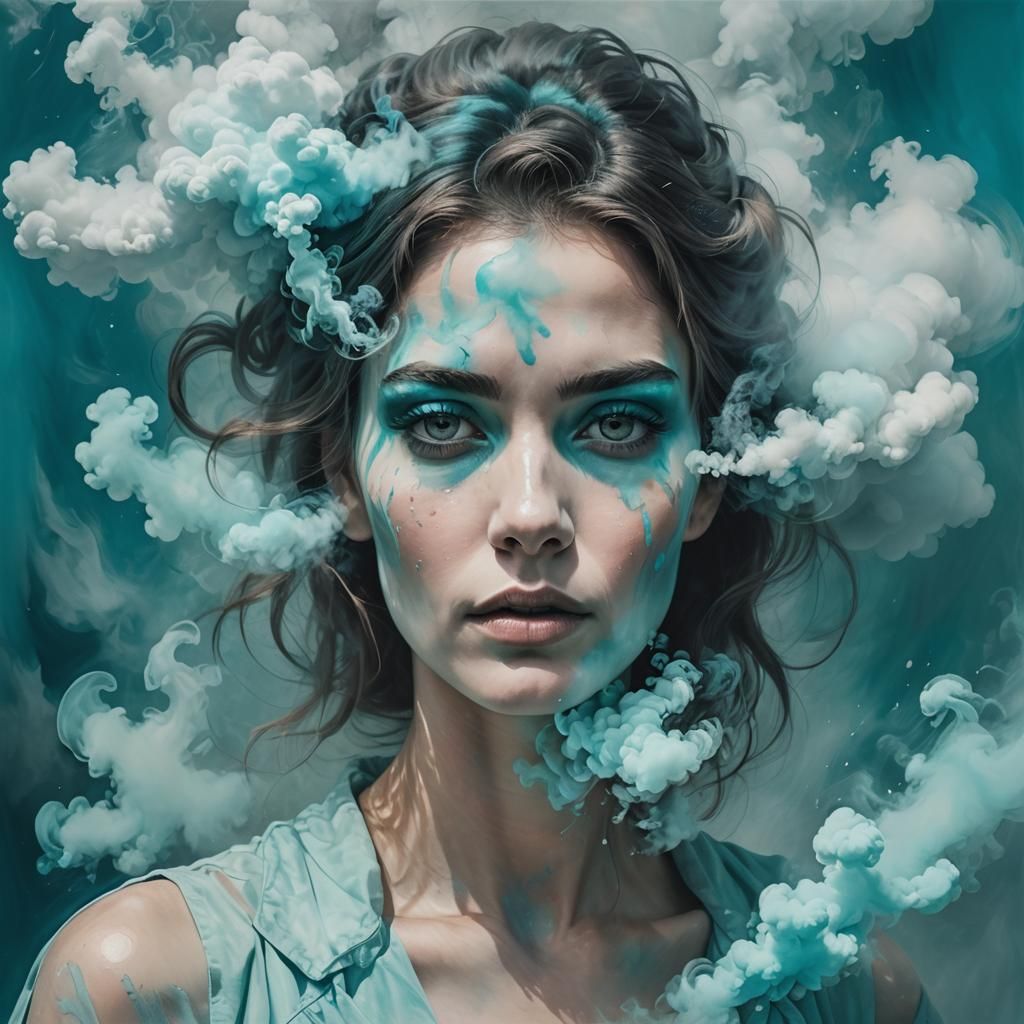 Smoky Cyan Portrait in Hyper-Real Oil Painting Style