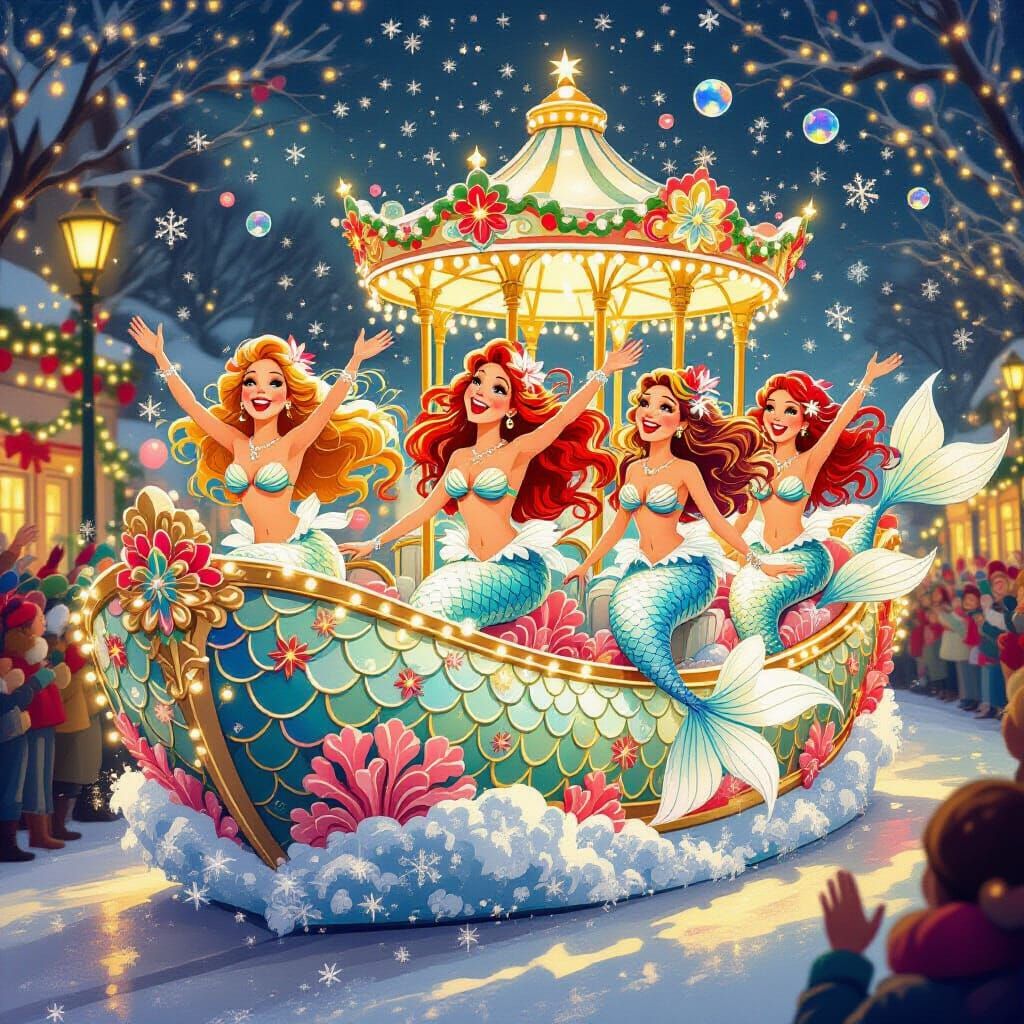 Joyful Mermaids Wave from Festive Christmas Parade Float