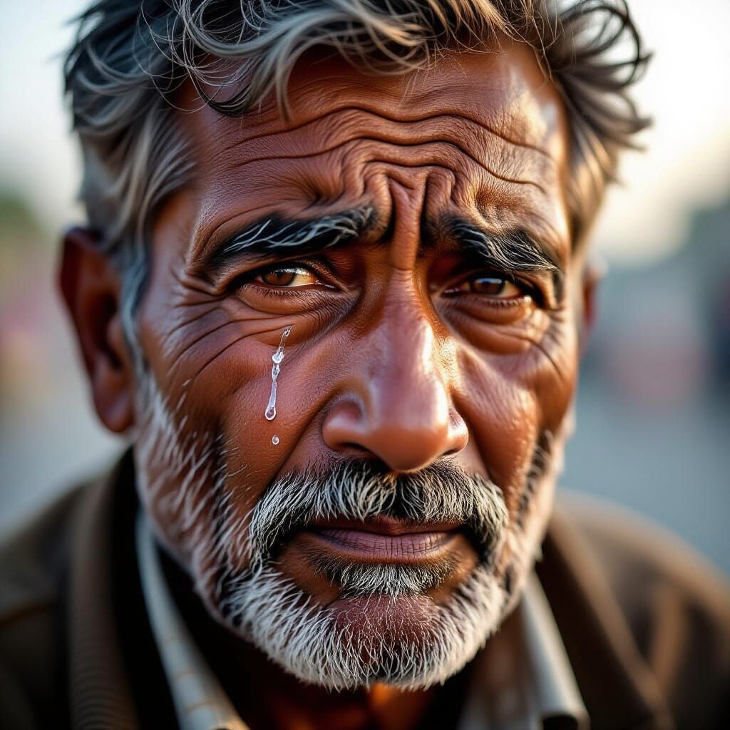 South Asian Elder's Emotional Portrait with Flowing Tears