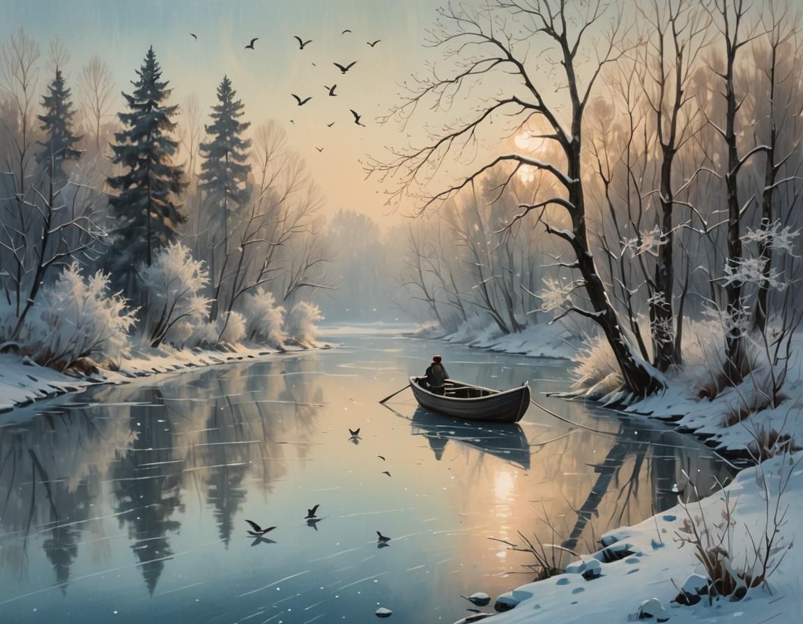 Ethereal Winter River Landscape in Impressionist Style