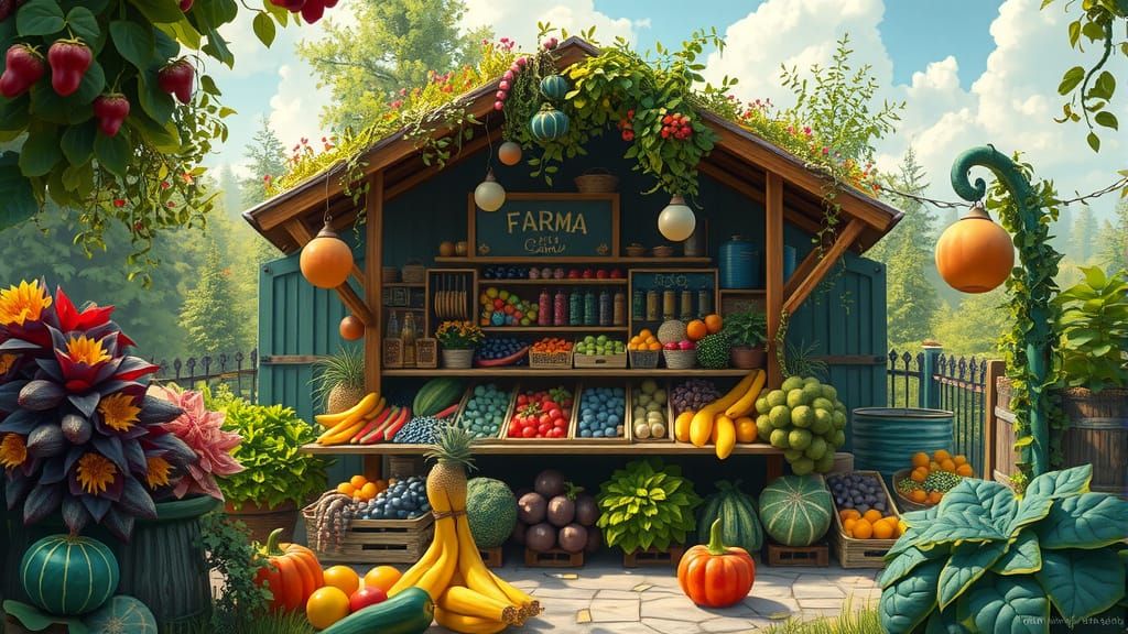 Vibrant Farmstand in Dreamlike Style