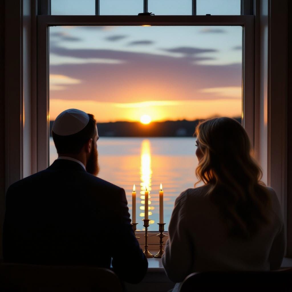 Couple Gazing Out at Sundown over Tranquil Lake