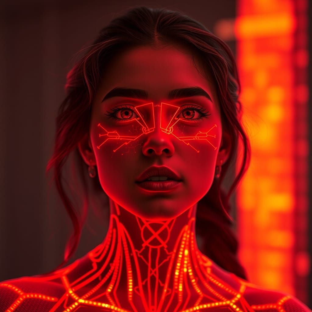 Excited Woman Portrait in Glowing Digital Art