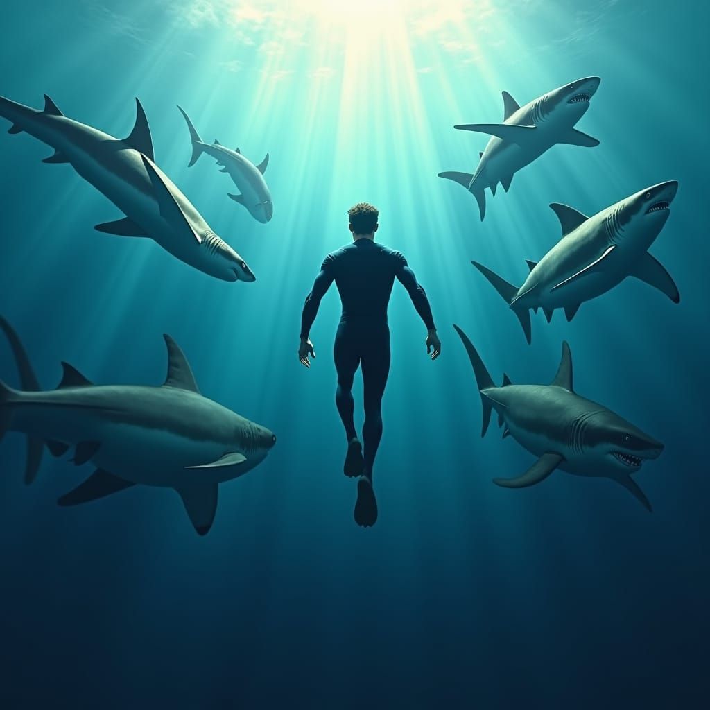 Solitary Businessperson Swimming with Sharks in Deep Ocean
