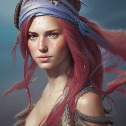 Freckled Pirate Woman Portrait in Hyperdetailed Style