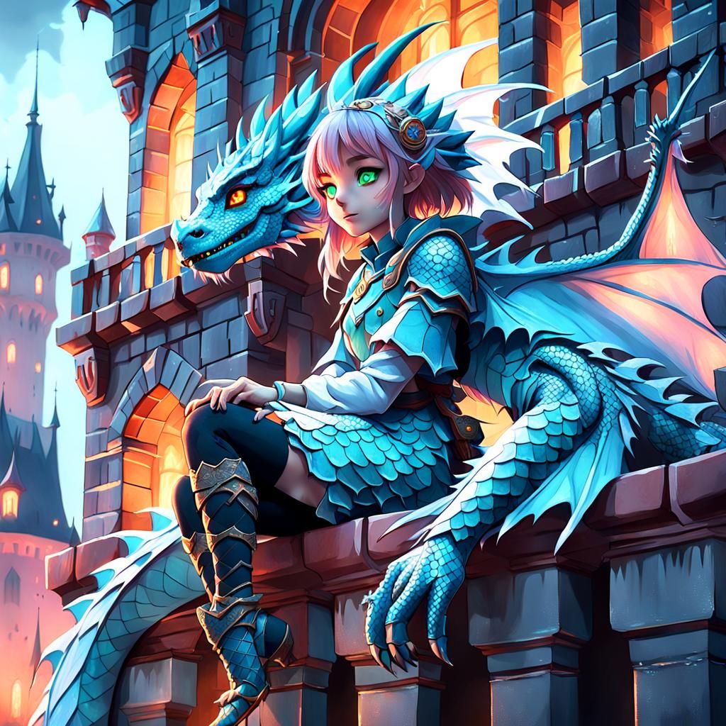 Anime Girl with Dragon Features, Fantasy Art