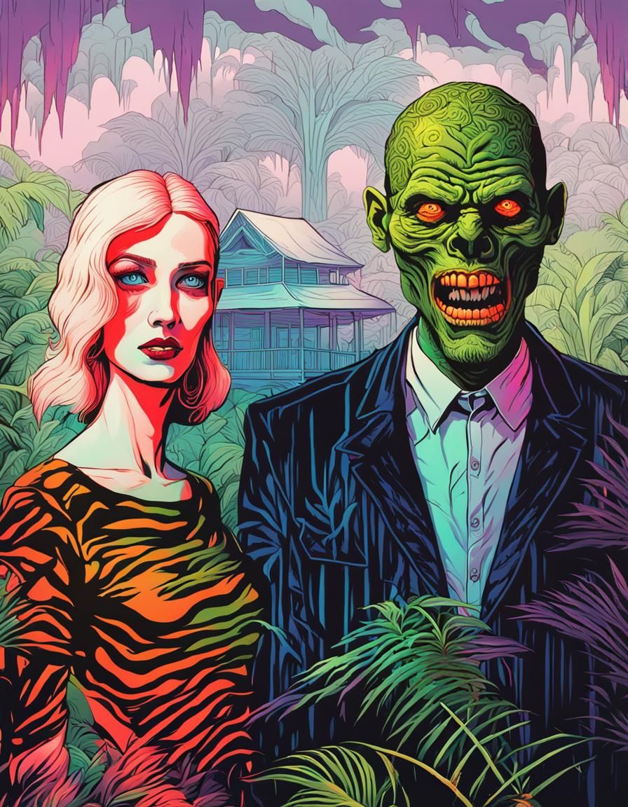 Scary Couple in Jungle, Surreal Neon Art