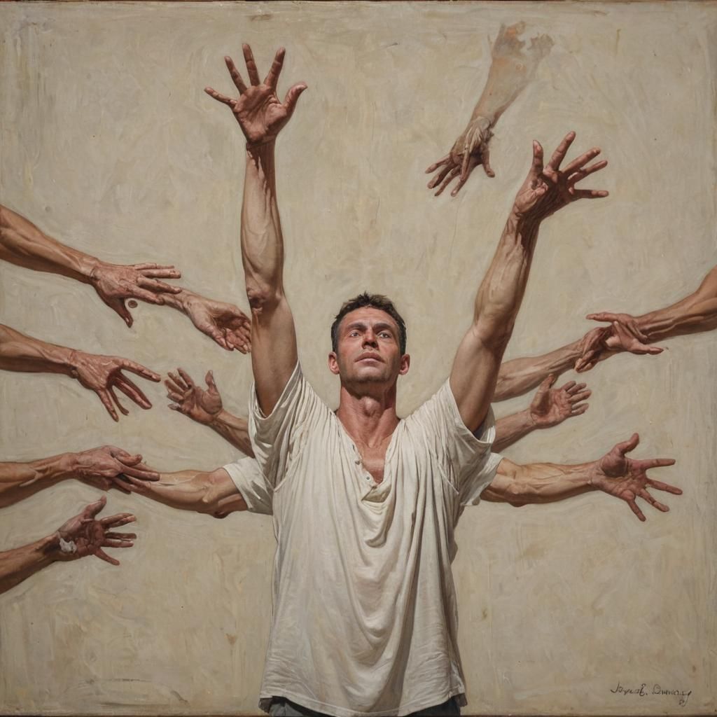 Man with Eight Arms in Oil Painting Style