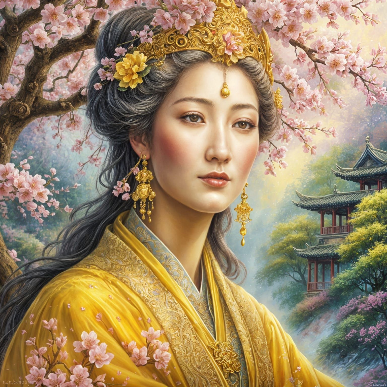 Goddess Quan Yin among the cherry blossom trees.