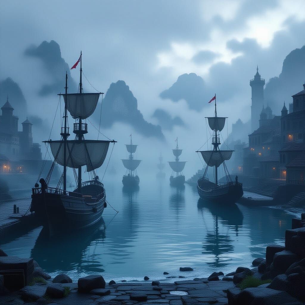 Ancient Fog-Shrouded Harbor with Anchored Ships