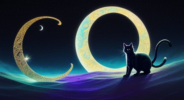 Surreal Cat on Moon with Cosmic Stardust