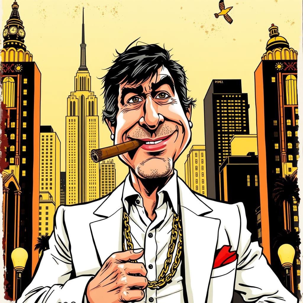 Tony Montana Caricature in Art Deco Miami