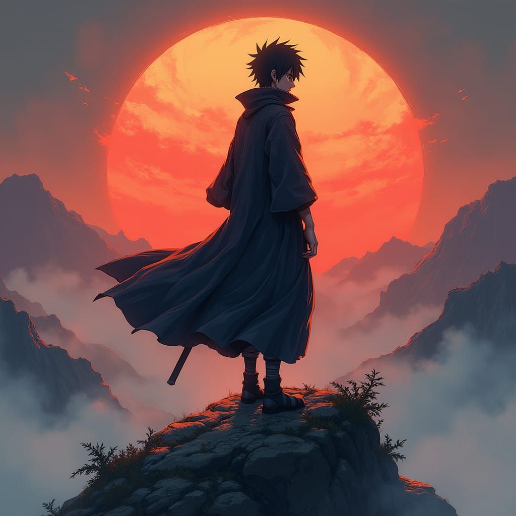 Sasuke Uchiha Standing on Misty Mountain Peak at Sunset