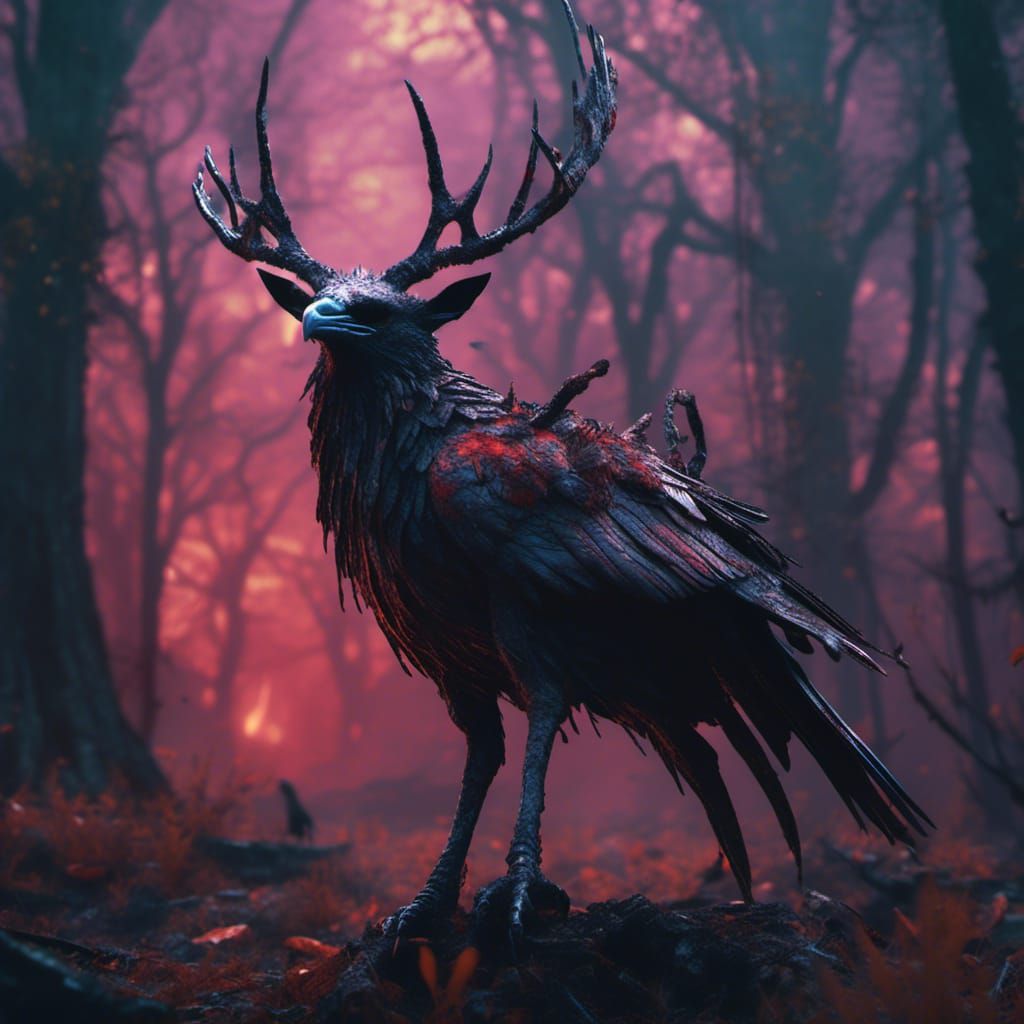 Antlered Raven: Arch Fire Demon in Psychedelic Art