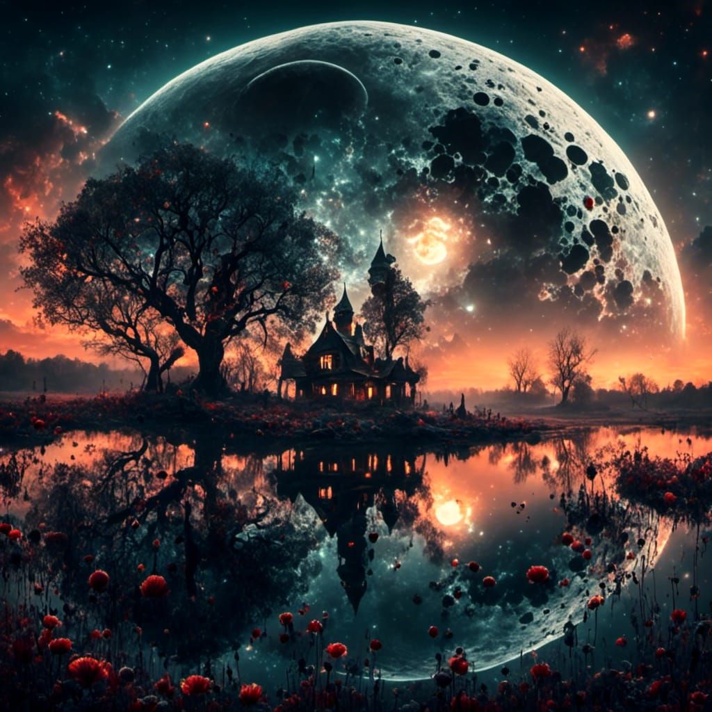 Poet and Moon Silhouette in Hyperrealism