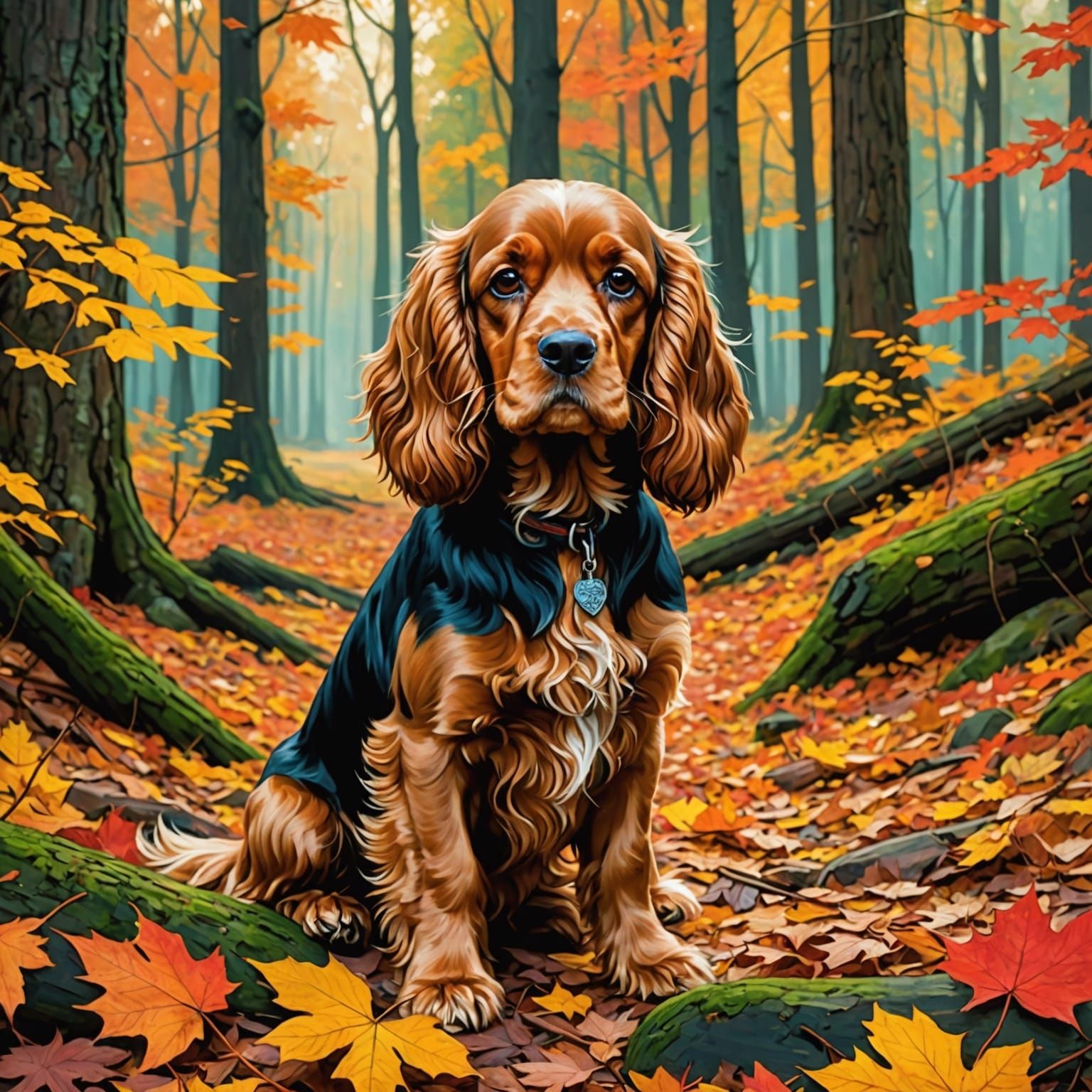 Cocker Spaniel in Autumn Forest, Pre-Raphaelite Style