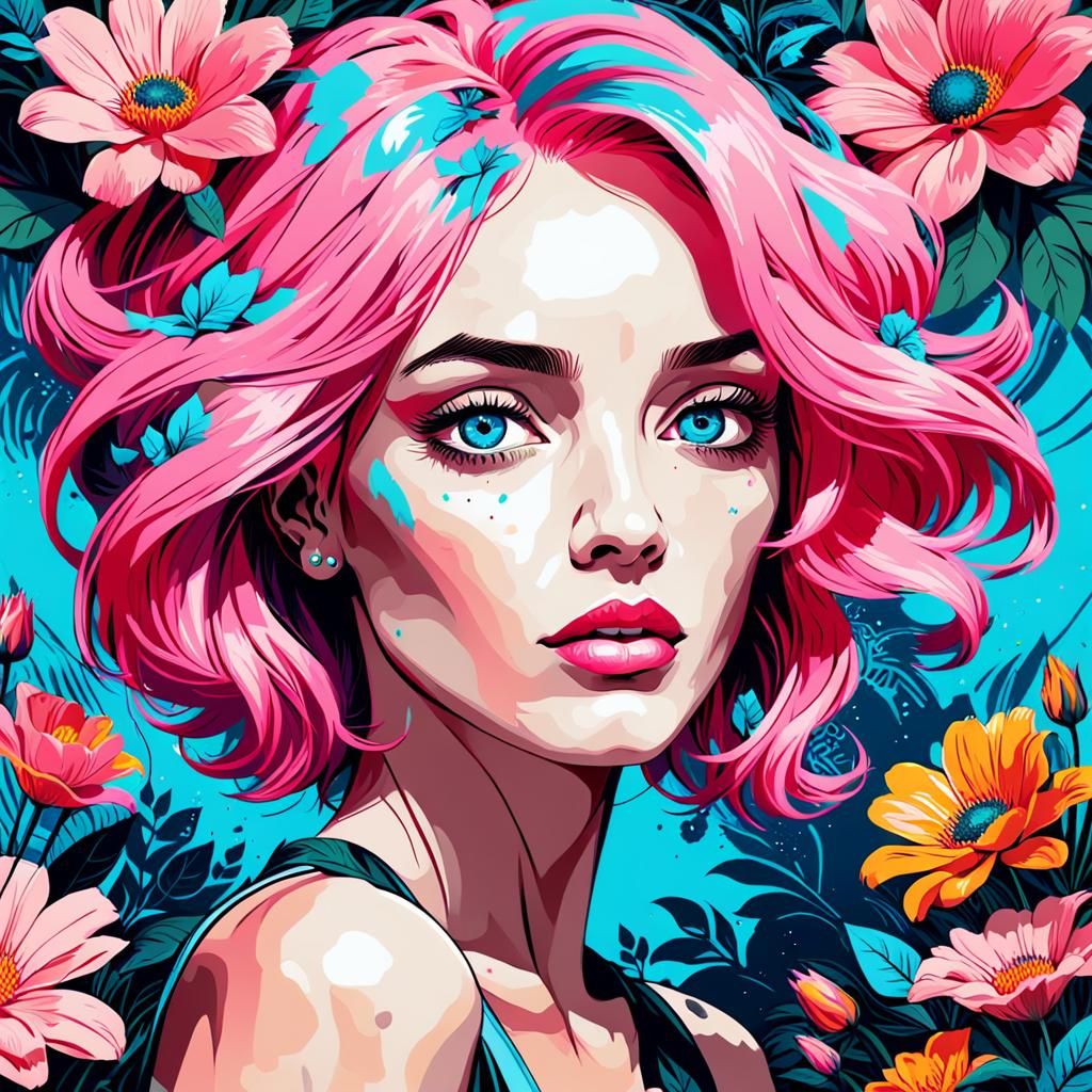 Psychedelic Woman Portrait in Vector Pop Art Style