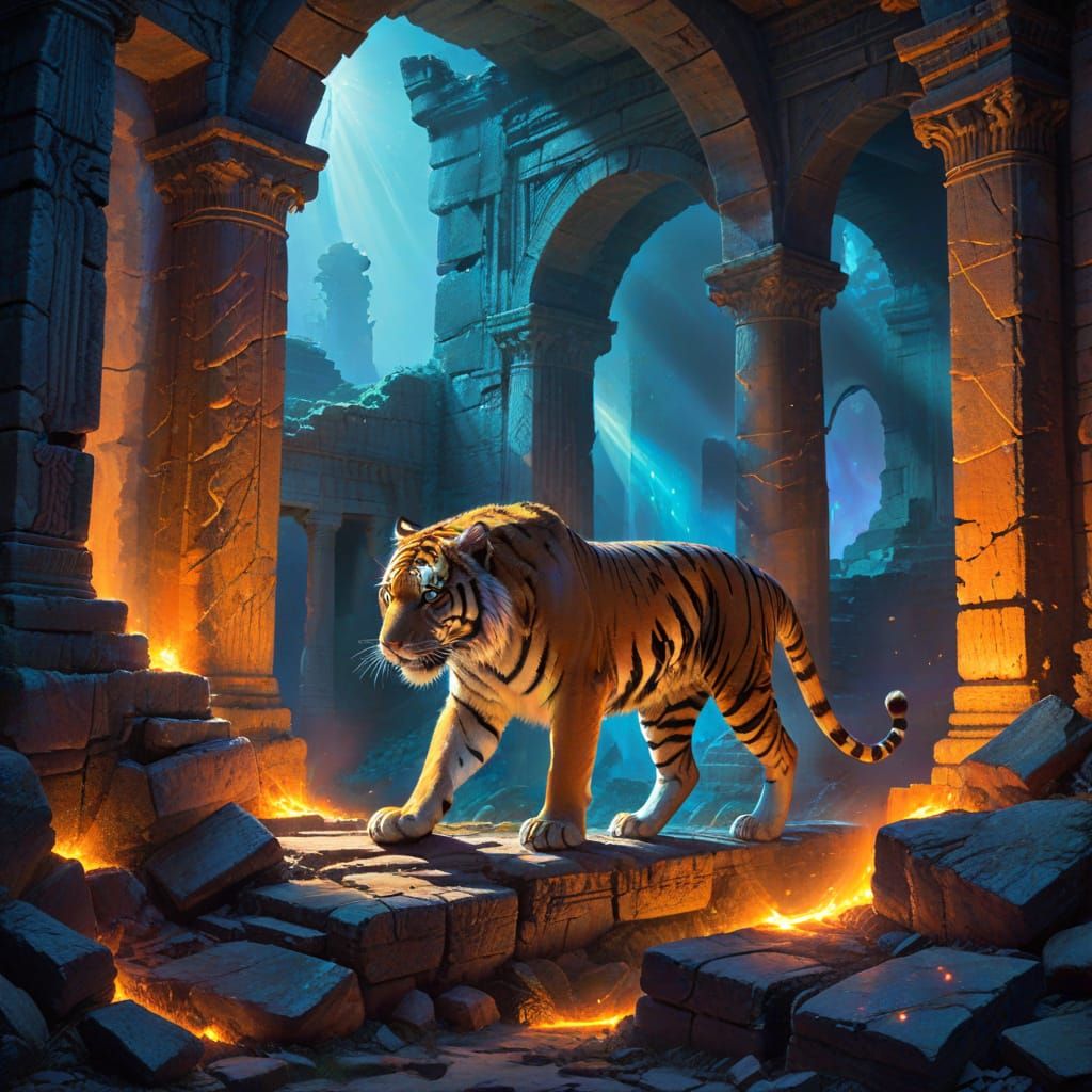 Majestic Tiger Prowls Ancient Ruins In Painterly Style