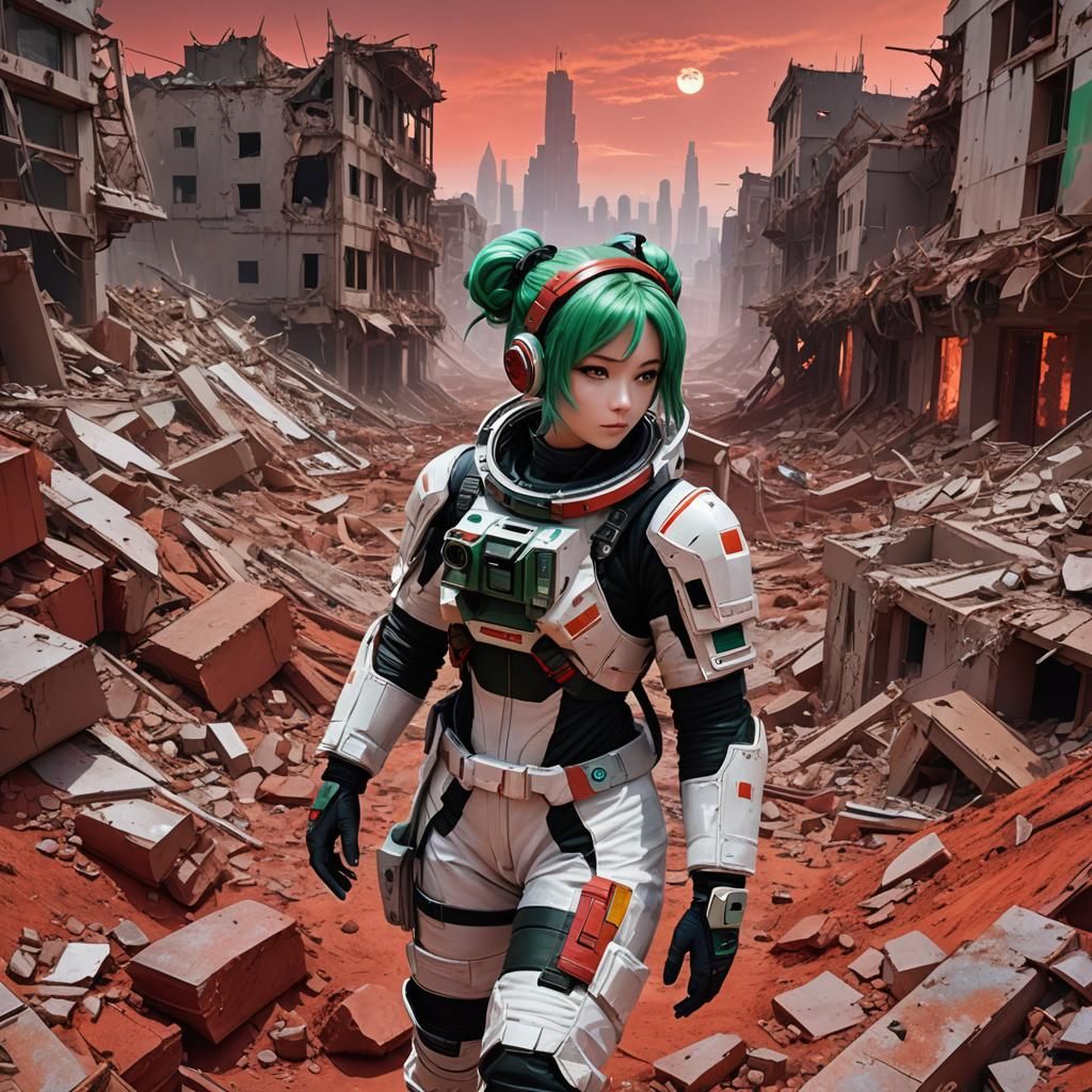Anime Girl in Spacesuit Exploring Martian Ruins