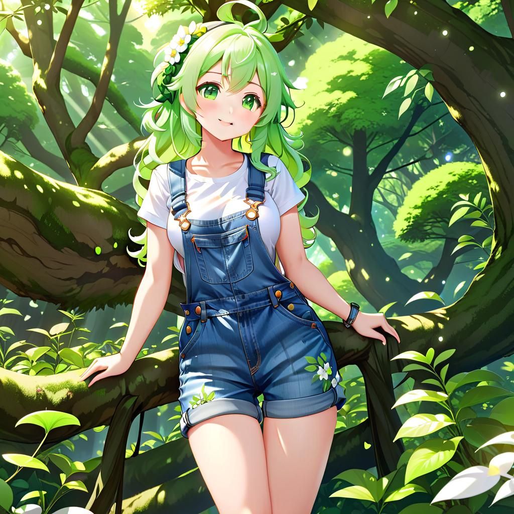 Anime Chibi Girl in Floral Overalls in Lush Forest