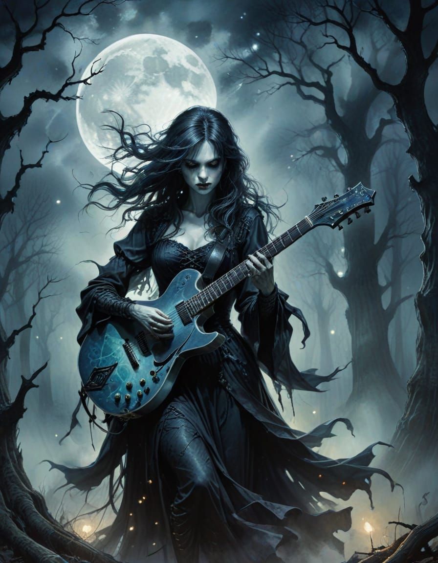 Witch Rock Guitarist in Haunted Forest Under Full Moon