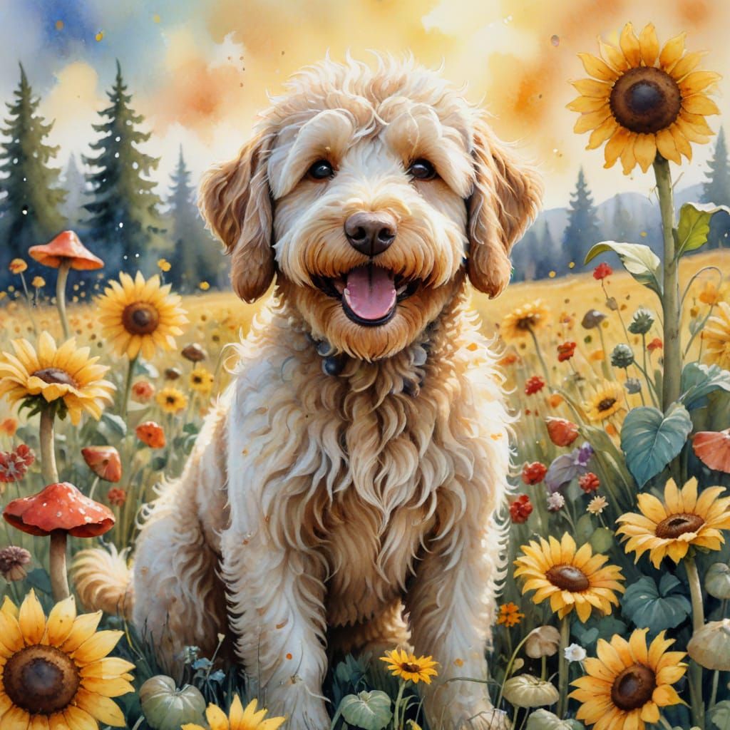 Happy Labradoodle in Vibrant Mushroom and Sunflower Field