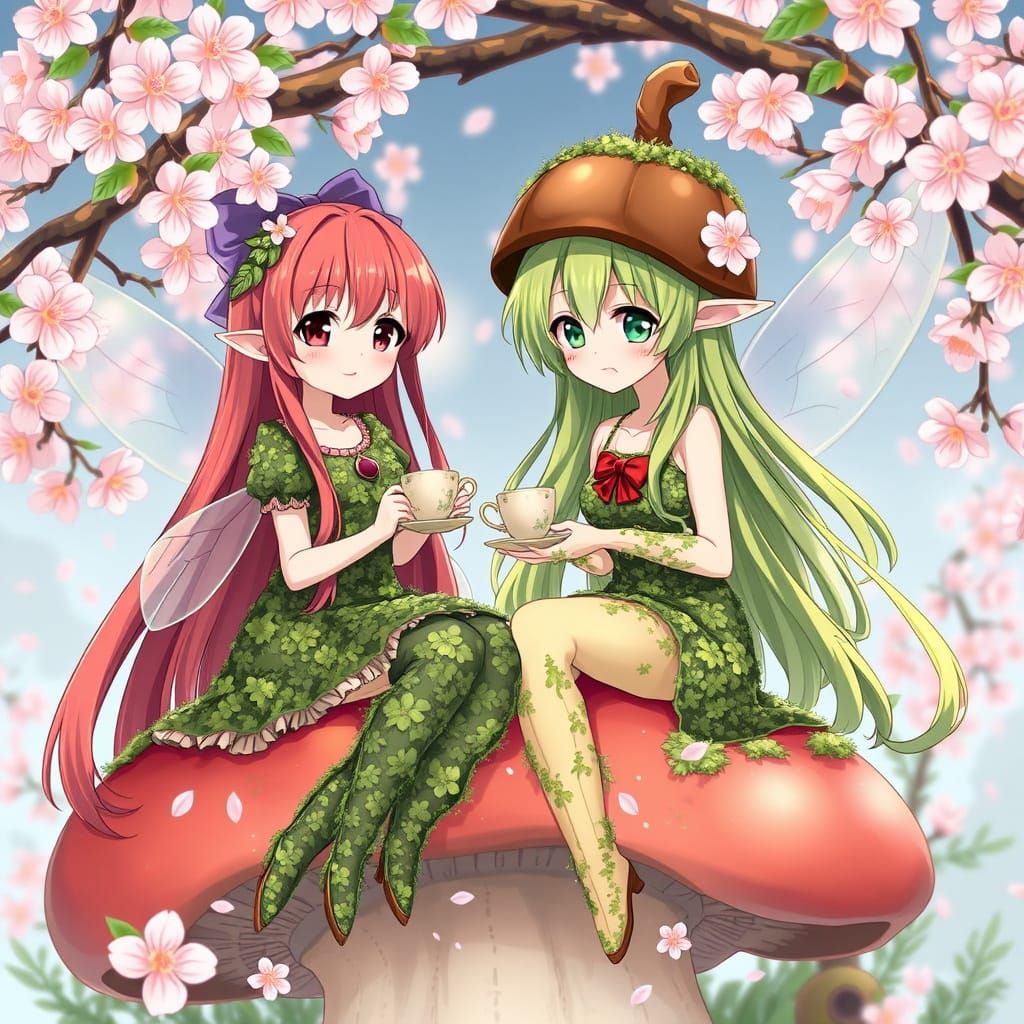 Mossy Fairy Girls Enjoy Tea Under Cherry Blossoms