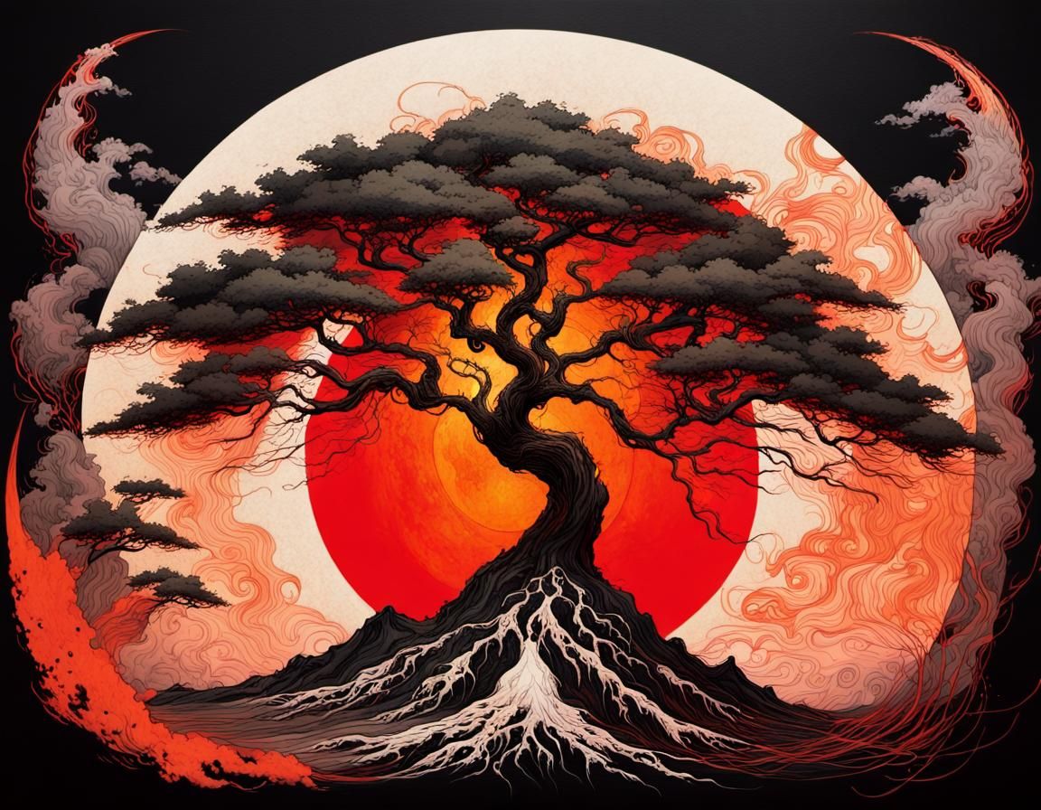 Apocalyptic Solar Eclipse: Japanese Illustration with Neon G...