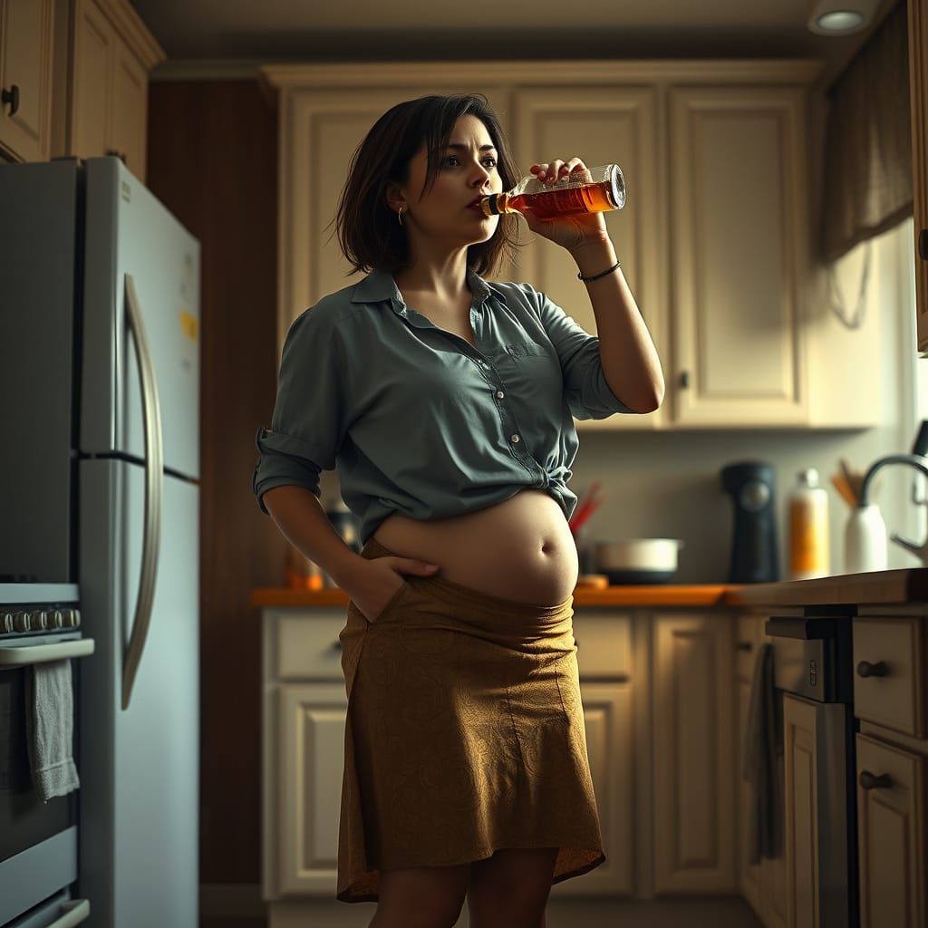 Despondent Woman in a Kitchen, Draining Whiskey, in Moody Li...
