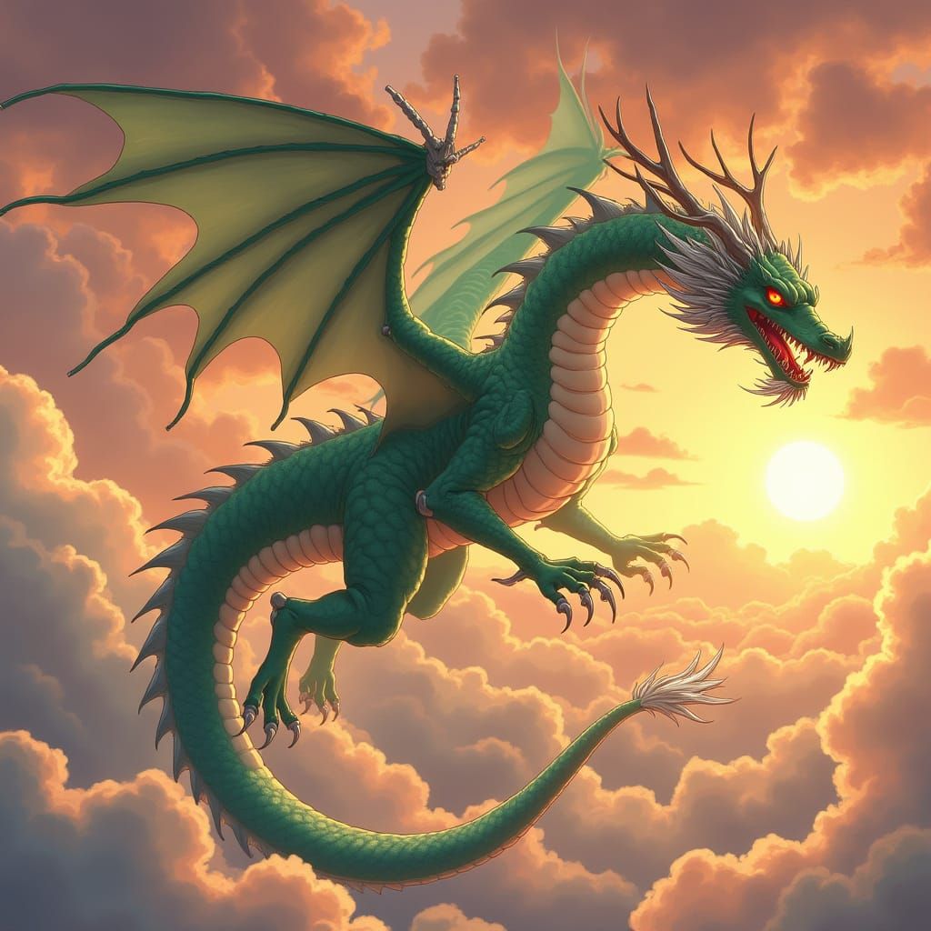Elegant Eastern Dragon Soars Through Golden Sunset Skies