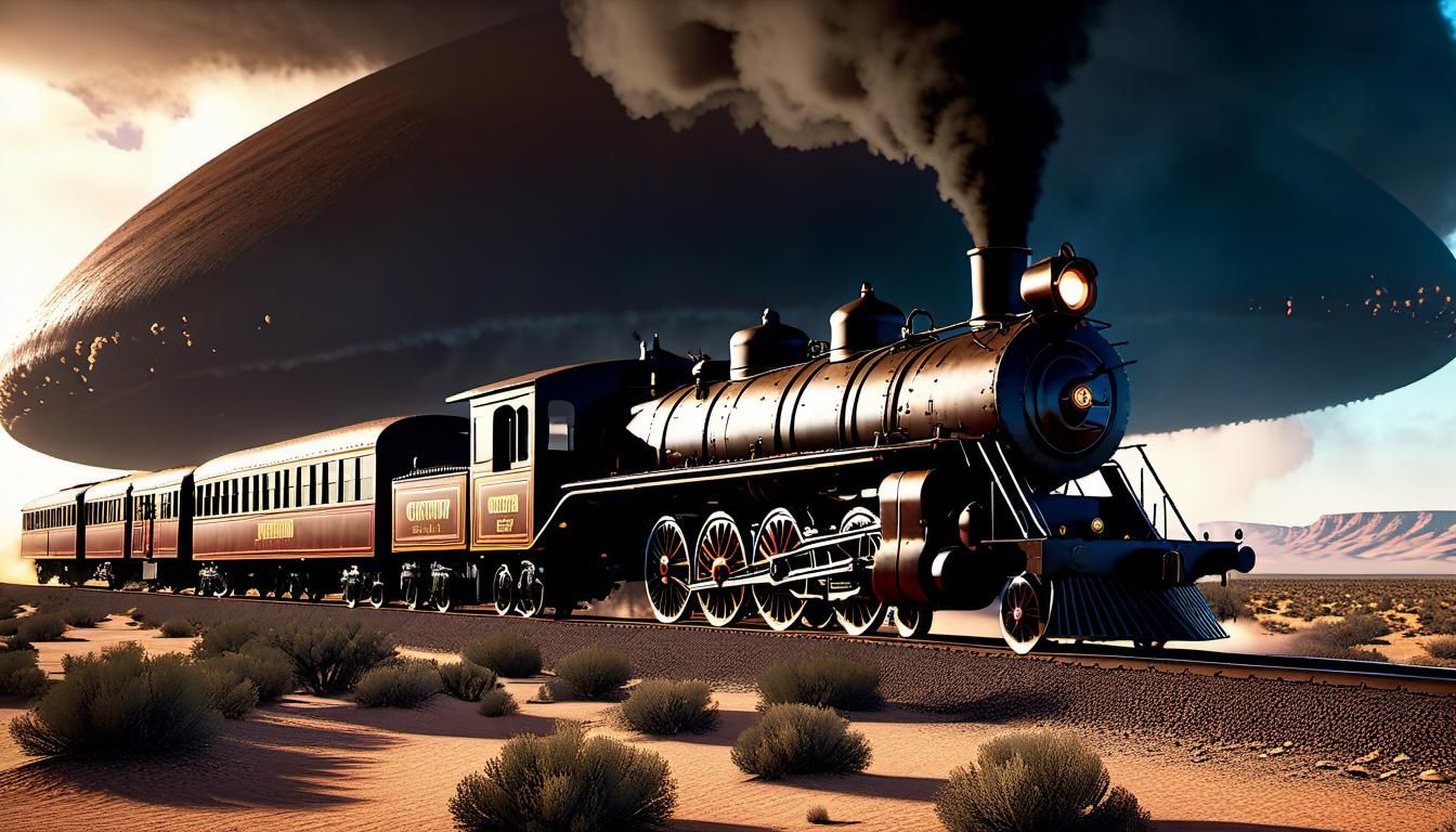 Old West Train Meets UFO in 3D Cinematic Style
