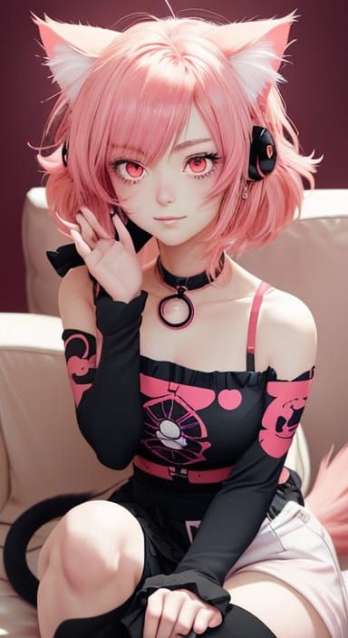 Anime Girl with Red Eyes and Pink Hair in Elegant Pose