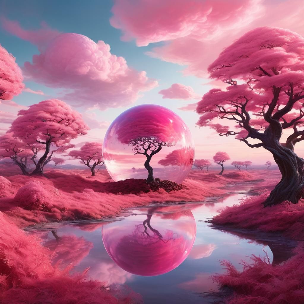 Dreamy Pink Sphere in Surreal Oil Painting Landscape