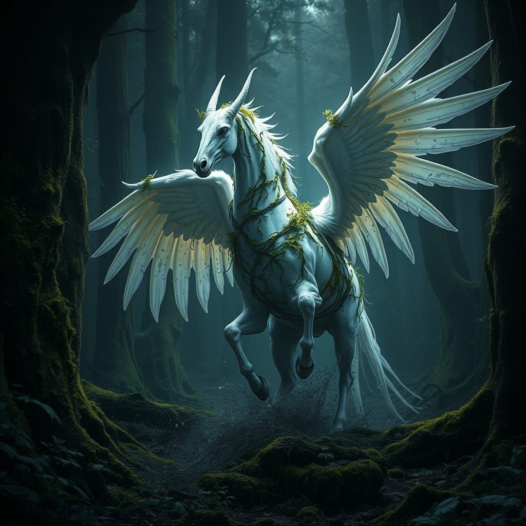 Mossy Hippogriff in Dark Forest: A Detailed Fantasy Artwork