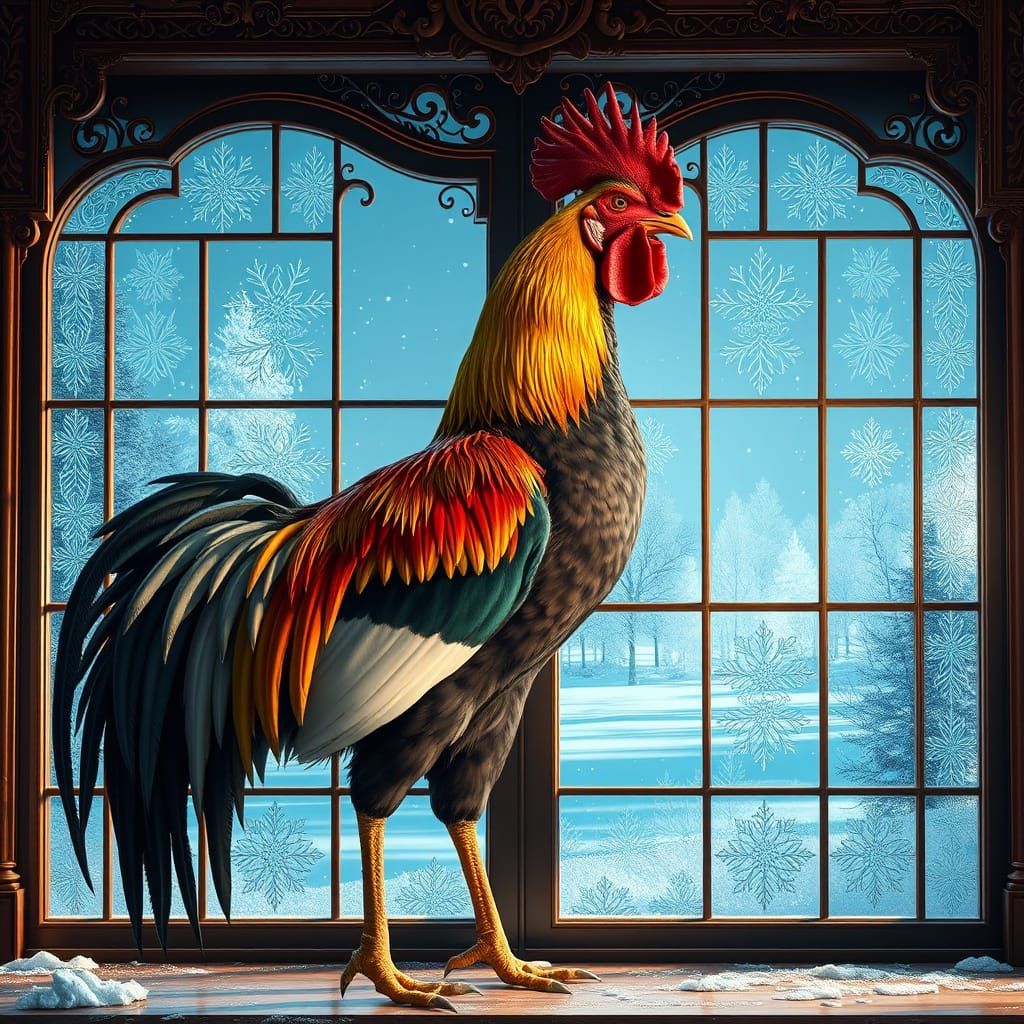 Vibrant Rooster Adorns Frosty Winter Wonderland Through Orna...