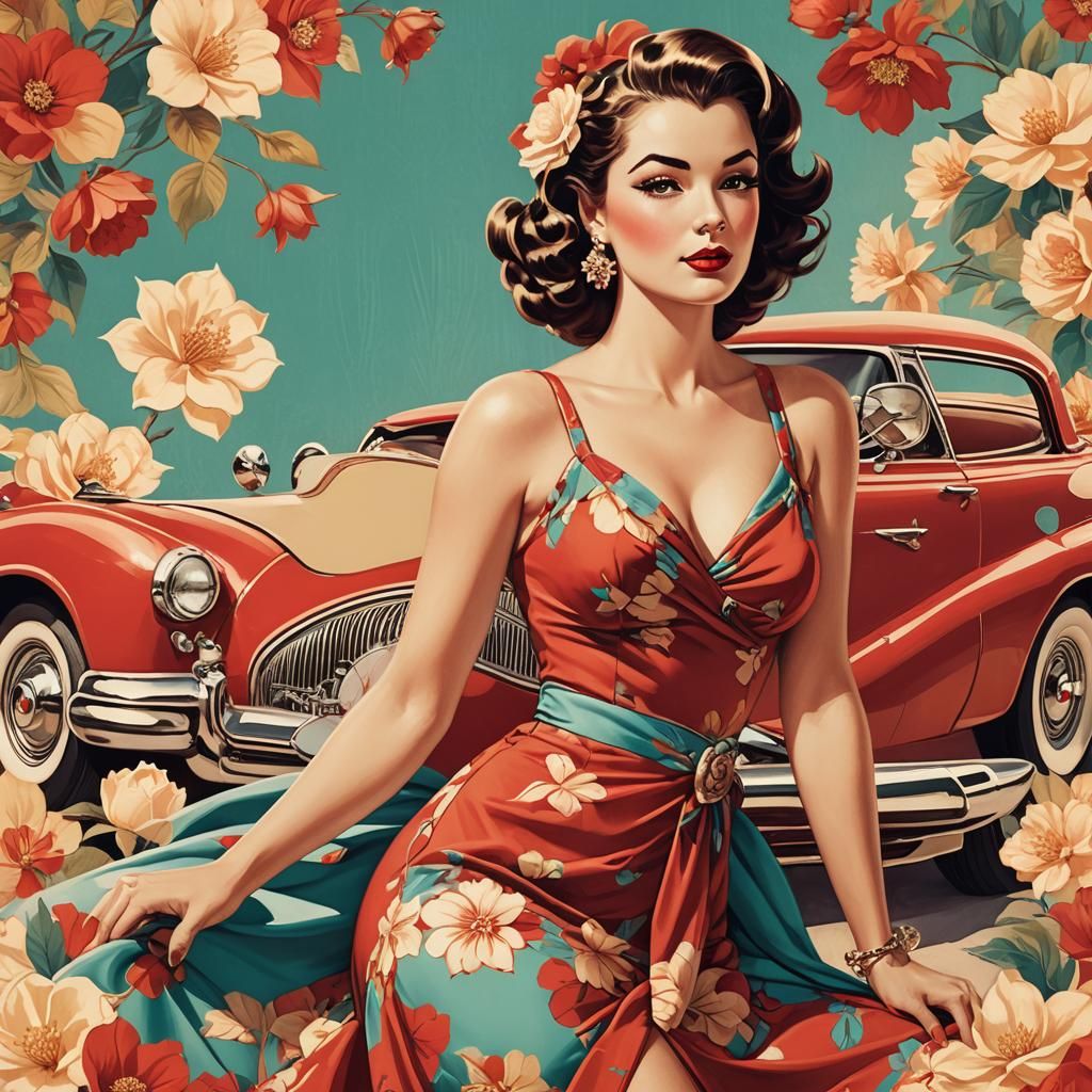 Vintage Pin-Up Girl in Red Dress Poster