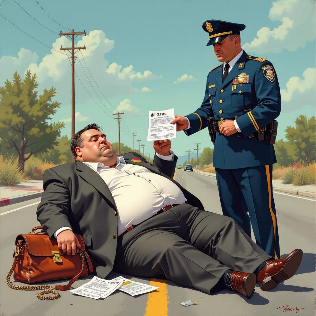 Satirical Scene: Wealthy Man Receives Hefty Fine