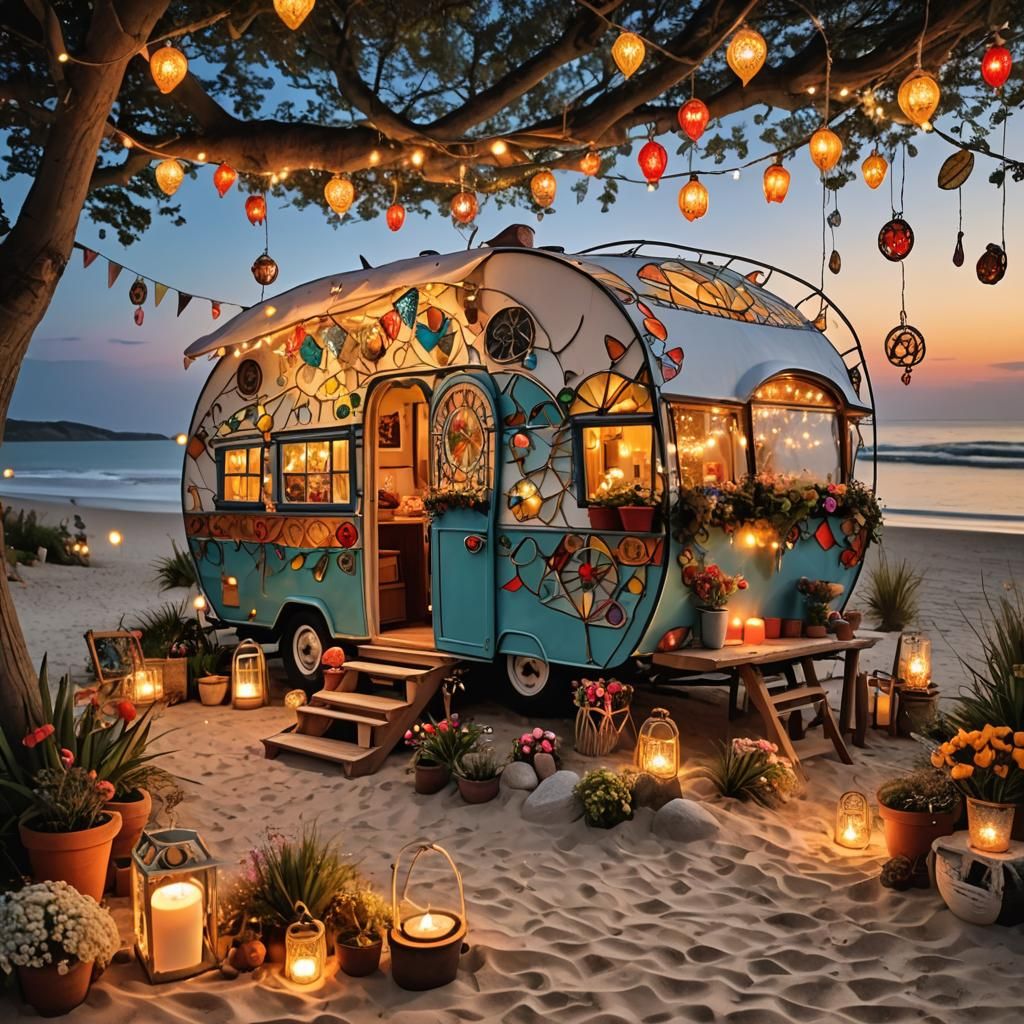 Enchanted Caravan on Beach at Sunset in Fantasycore Style