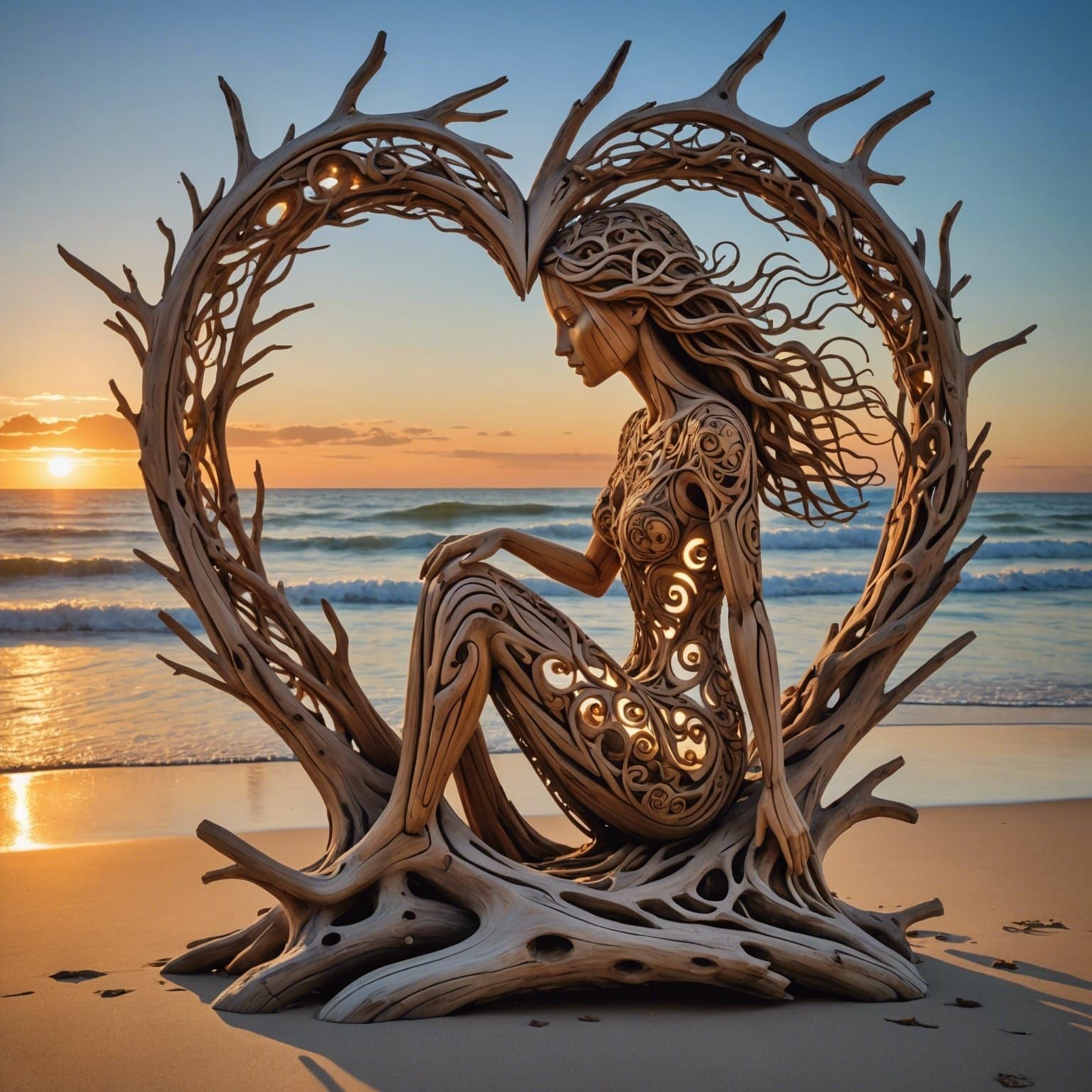 Driftwood Sculpture of Female Form at Sunset