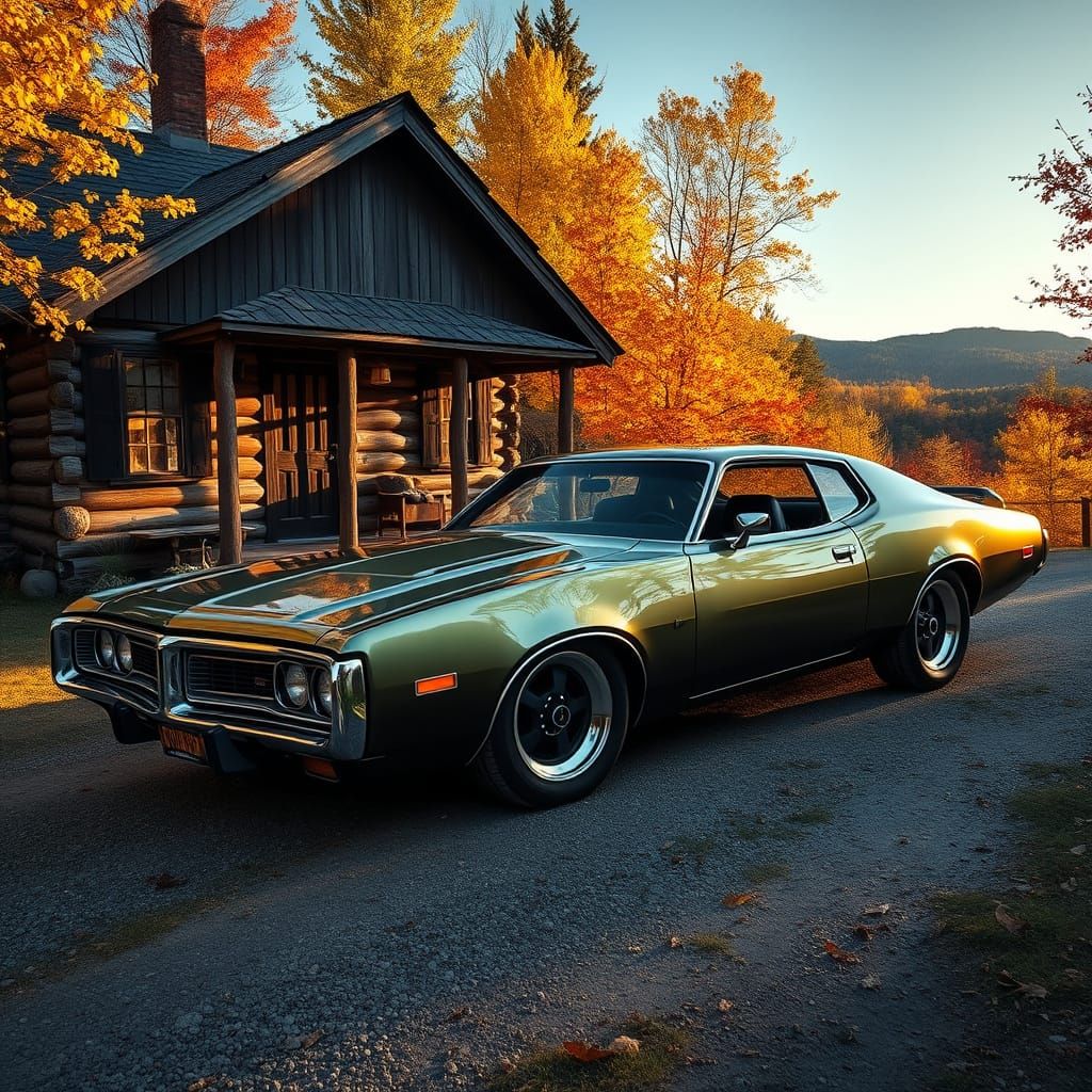 Vermont Cabin Scene with Custom 1973 Dodge Charger