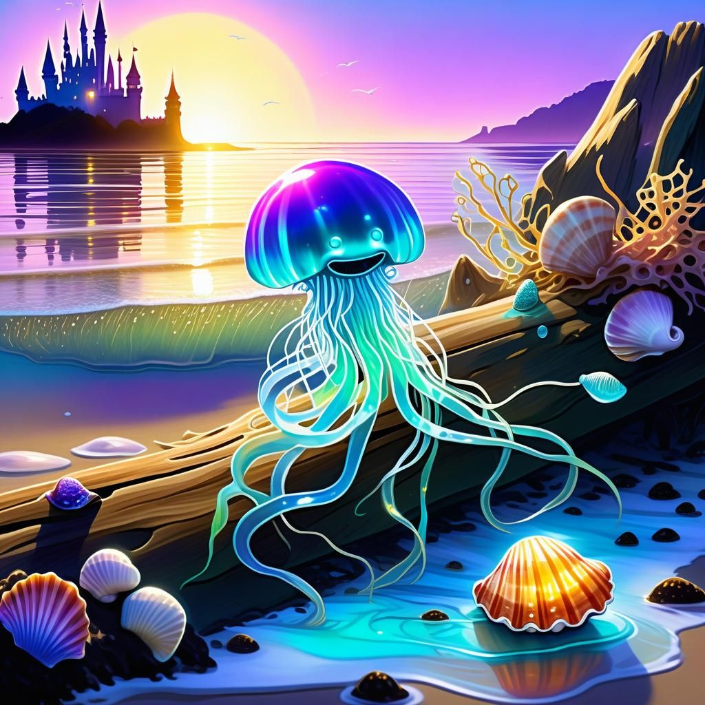 Android and Magical Glowing Seashell Shoreline