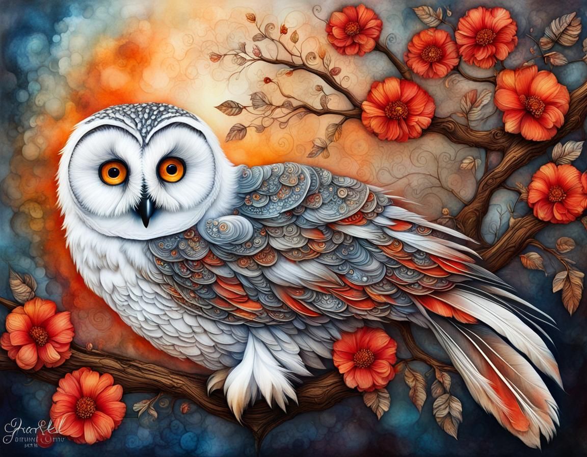 Surreal White Owl with Flowers in Byzantine Art Style