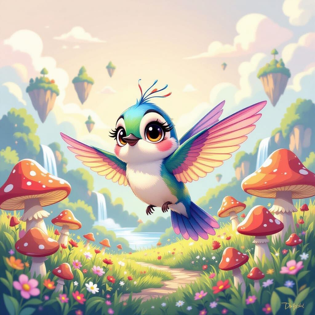 Rainbow Hummingbird in Pastel Dreamscape, Ghibli-esque Art